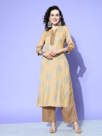 All About You Beige Floral Printed Regular Gotta Patti Liva Kurta With Palazzos