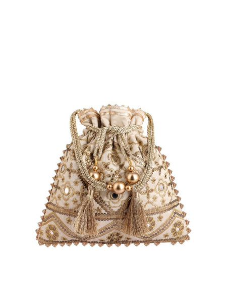 Masq Beige Embellished Embroidered Potli Clutch