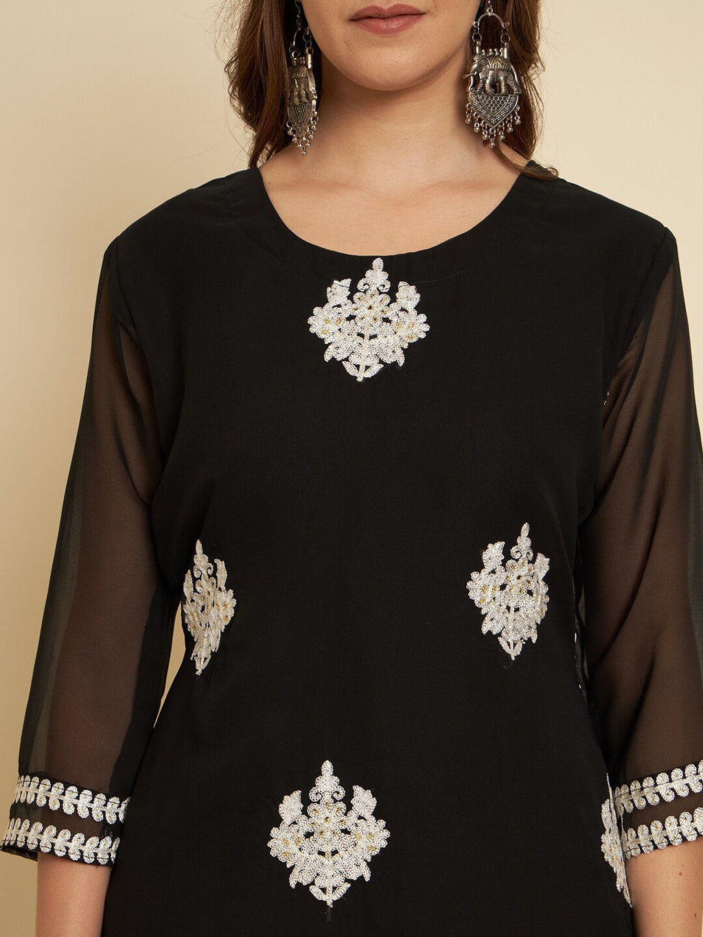 HERE&NOW Black & White Ethnic Motifs Chikankari Embroidered Georgette Kurta