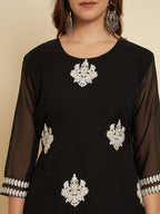 HERE&NOW Black & White Ethnic Motifs Chikankari Embroidered Georgette Kurta