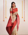 DEIANA'S Beautiful Designer Golden zari Soft Lichi Silk Saree - Cream