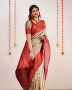 DEIANA'S Beautiful Designer Golden zari Soft Lichi Silk Saree - Cream