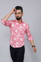 Miravan Men's Pink Floral Print Comfort Cotton Casual Shirt