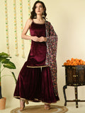 Myshka Women's Magenta Velvet Kurti & Sharara With Dupatta Party Sets