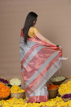 Very Much Indian Rajsi - Handloom Ari Checks Cotton Silk Saree With Golden Border - Grey