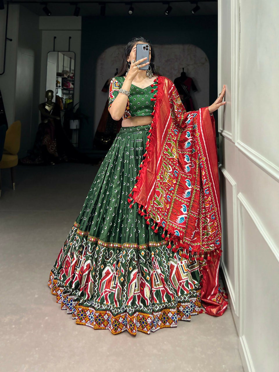 Vastranavya Navaratri Special Dola Silk Patola Print With Gamthi Work Lace Border Lehenga with Stitched Blouse - Green