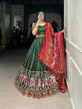 Vastranavya Navaratri Special Dola Silk Patola Print With Gamthi Work Lace Border Lehenga with Stitched Blouse - Green