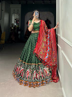 Vastranavya Navaratri Special Dola Silk Patola Print With Gamthi Work Lace Border Lehenga with Stitched Blouse - Green