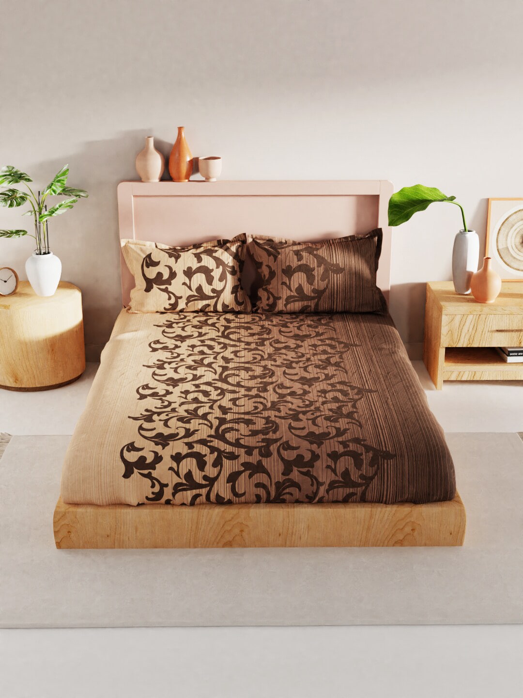 BIANCA Brown Floral 200 TC King Bedsheet with 2 Pillow Covers