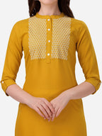 HERE&NOW Yoke Design Mandarin Collar Thread Work Cotton Kurta