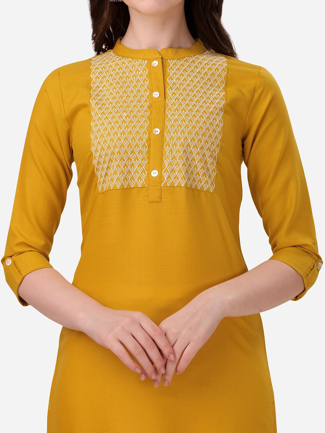 HERE&NOW Yoke Design Mandarin Collar Thread Work Cotton Kurta