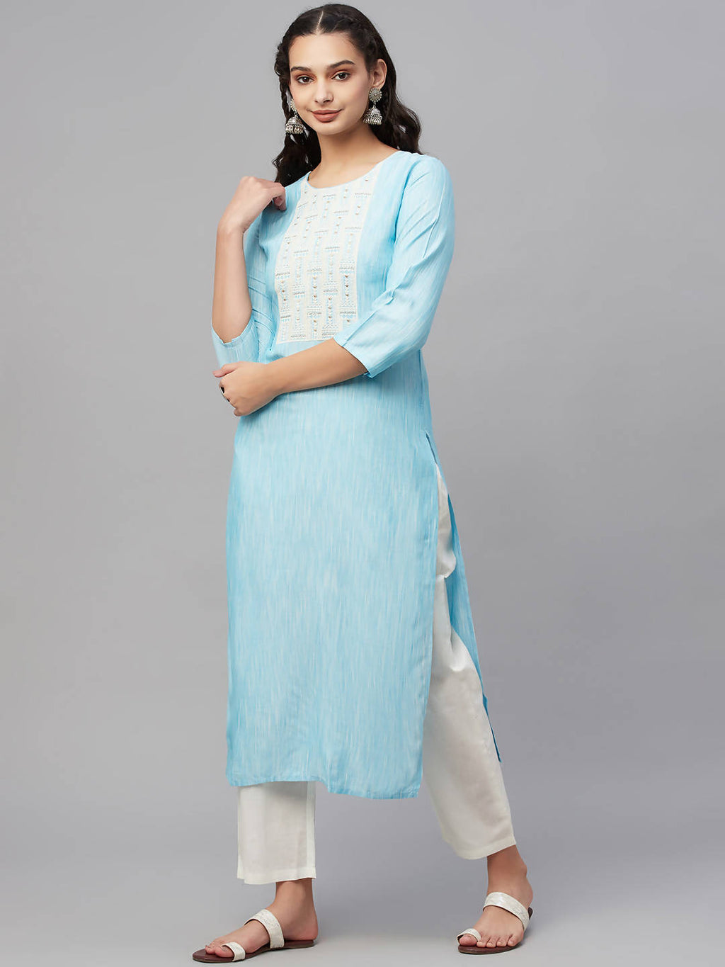 Myshka Turquoise Embroidered 3/4 Sleeve Round Neck Kurta Pant Dupatta Set - Distacart