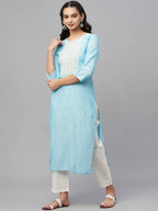 Myshka Turquoise Embroidered 3/4 Sleeve Round Neck Kurta Pant Dupatta Set - Distacart