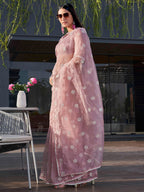 Tikhi Imli Pink Floral Embroidered Mirror Work Organza Saree - Distacart