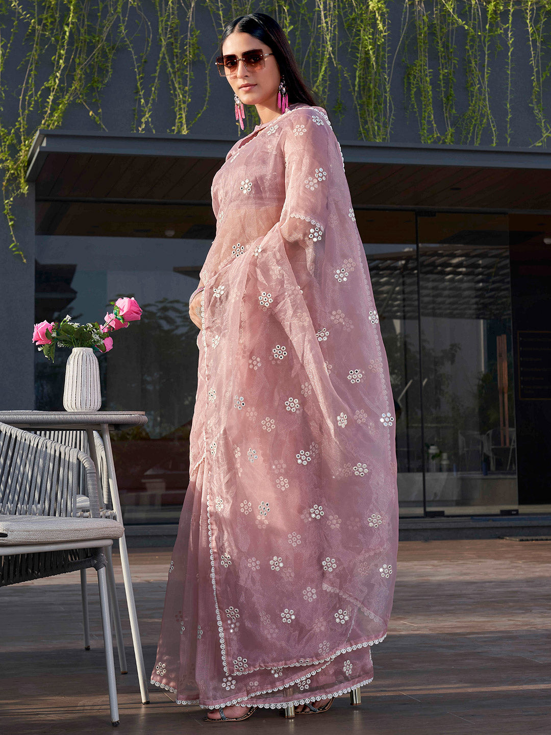Tikhi Imli Pink Floral Embroidered Mirror Work Organza Saree - Distacart