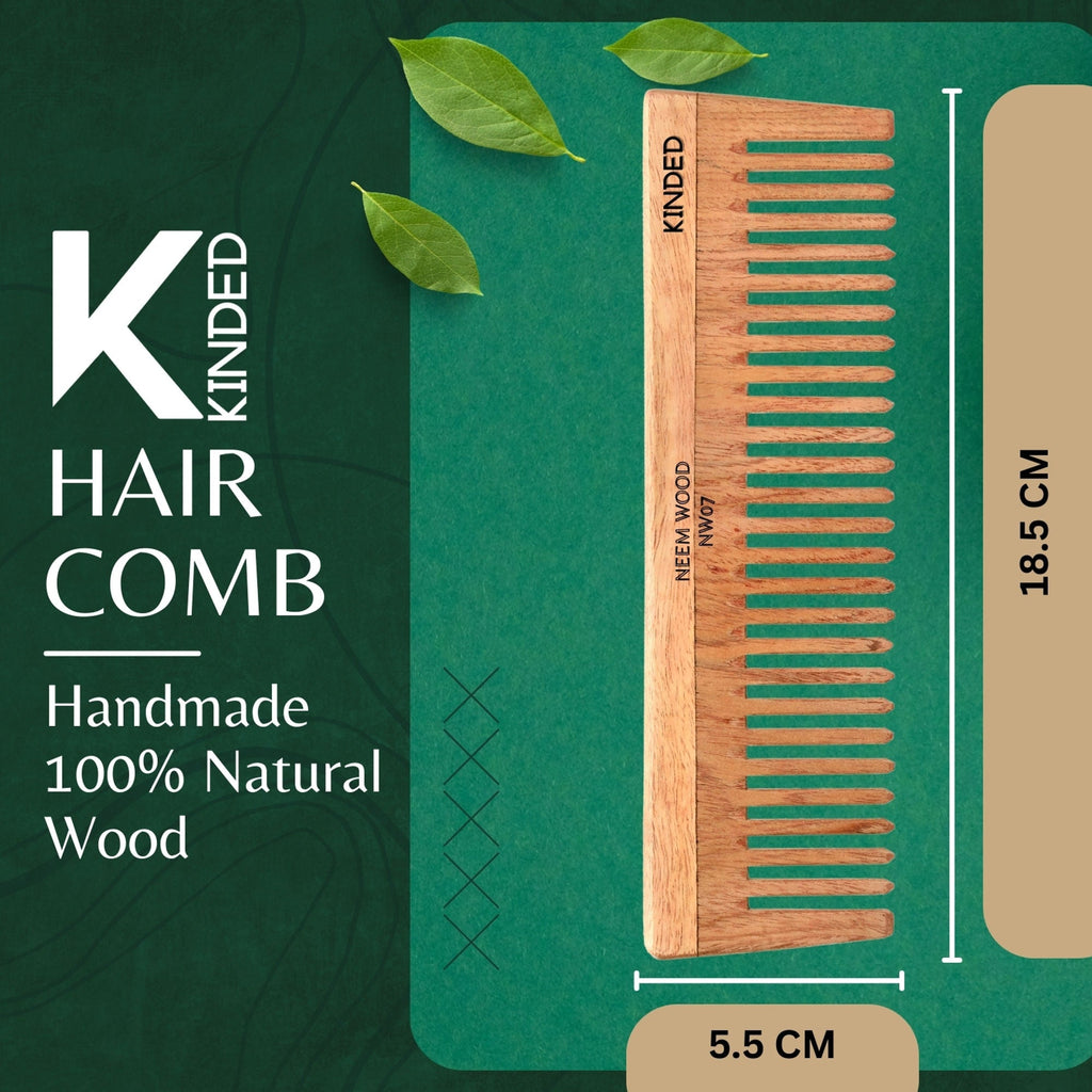 KINDED Handmade Oil Treated Wooden Hair Comb   Neem Wood NW07, Wide Tooth