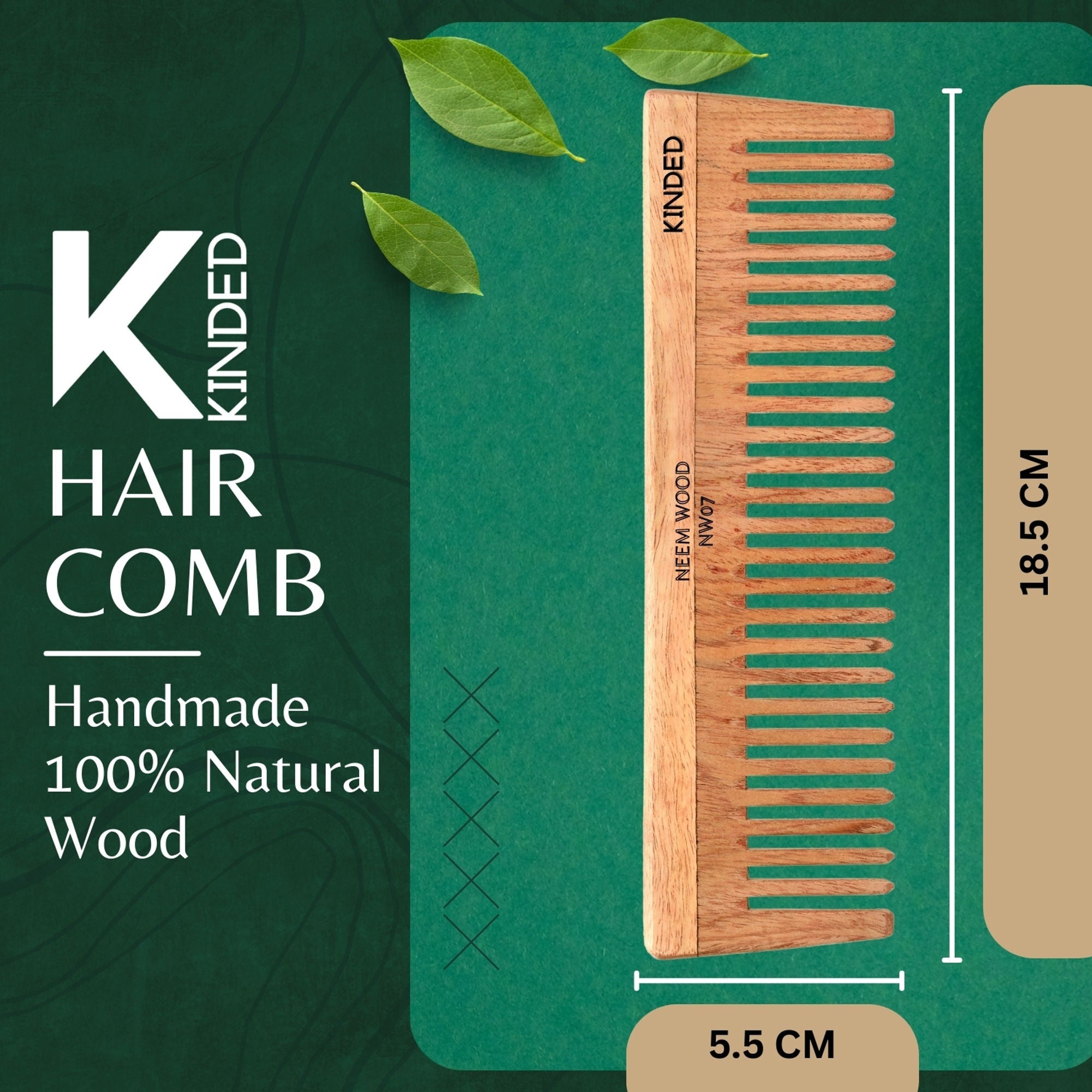 KINDED Handmade Oil Treated Wooden Hair Comb   Neem Wood NW07, Wide Tooth