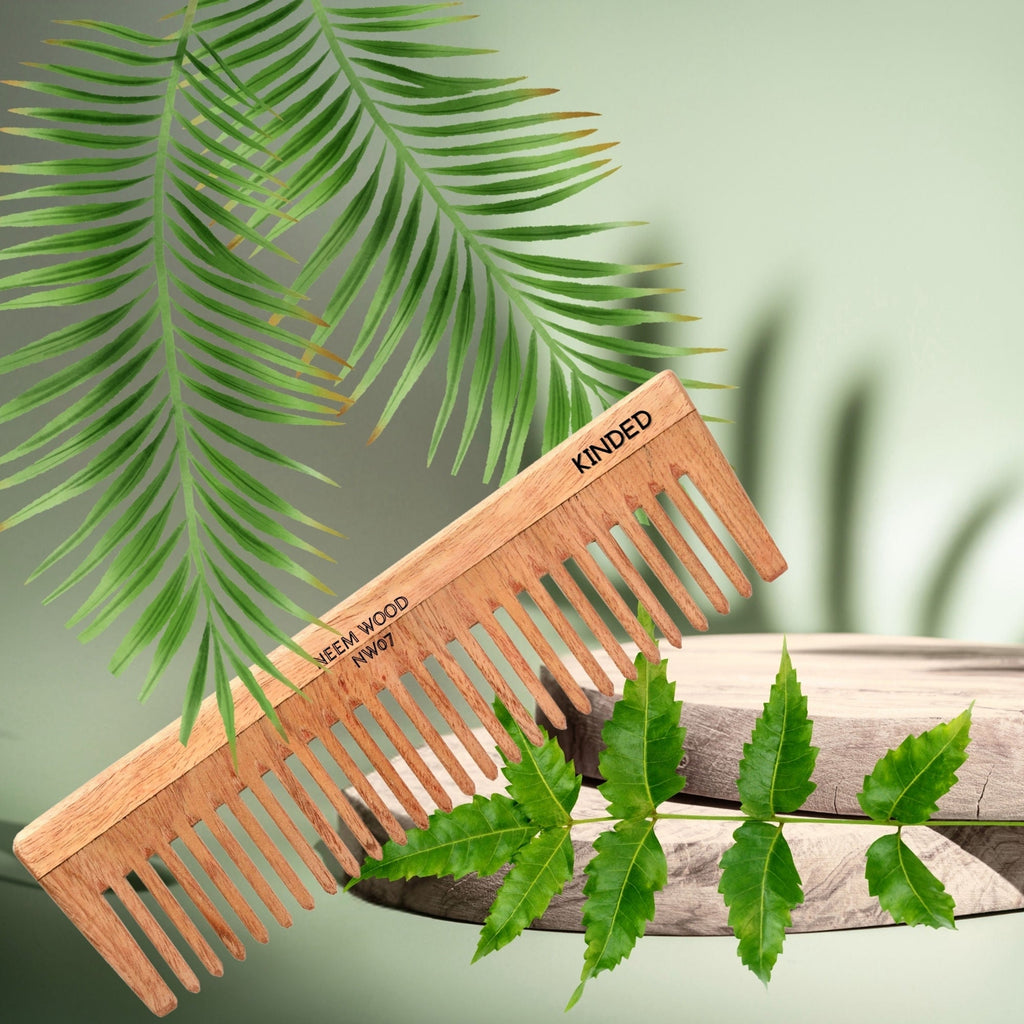 KINDED Handmade Oil Treated Wooden Hair Comb   Neem Wood NW07, Wide Tooth