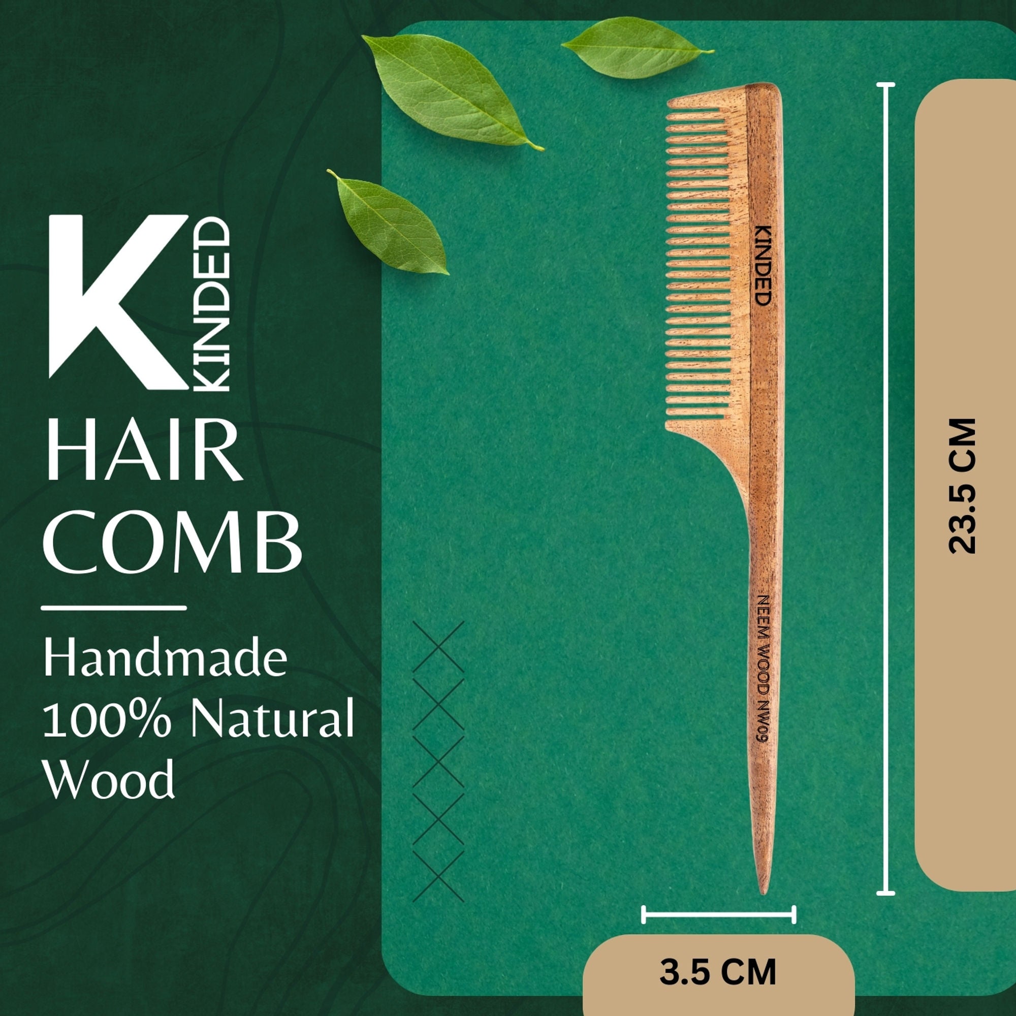 KINDED Handmade Oil Treated Wooden Hair Comb   Neem Wood NW09, Regular Tooth Tail Comb