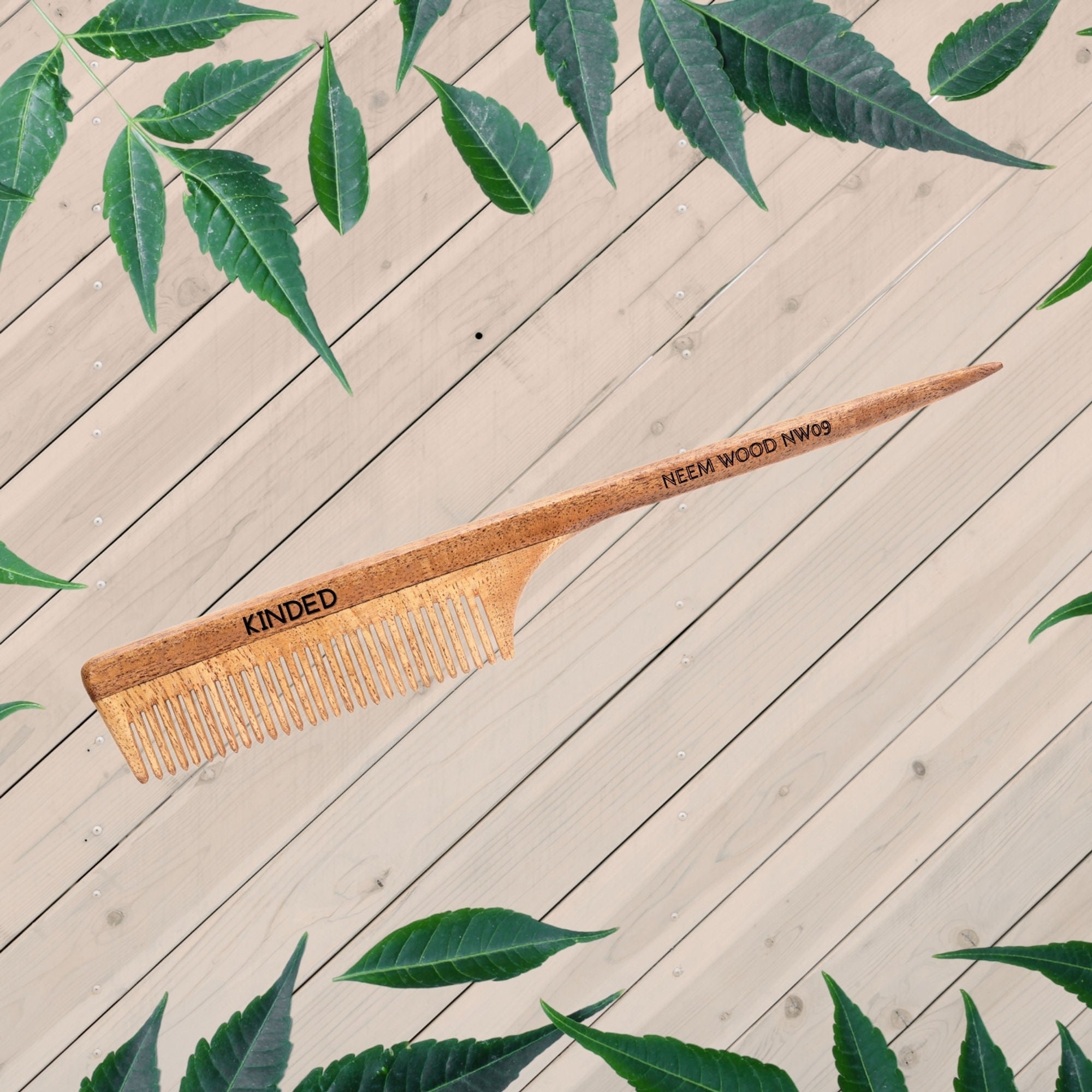 KINDED Handmade Oil Treated Wooden Hair Comb   Neem Wood NW09, Regular Tooth Tail Comb