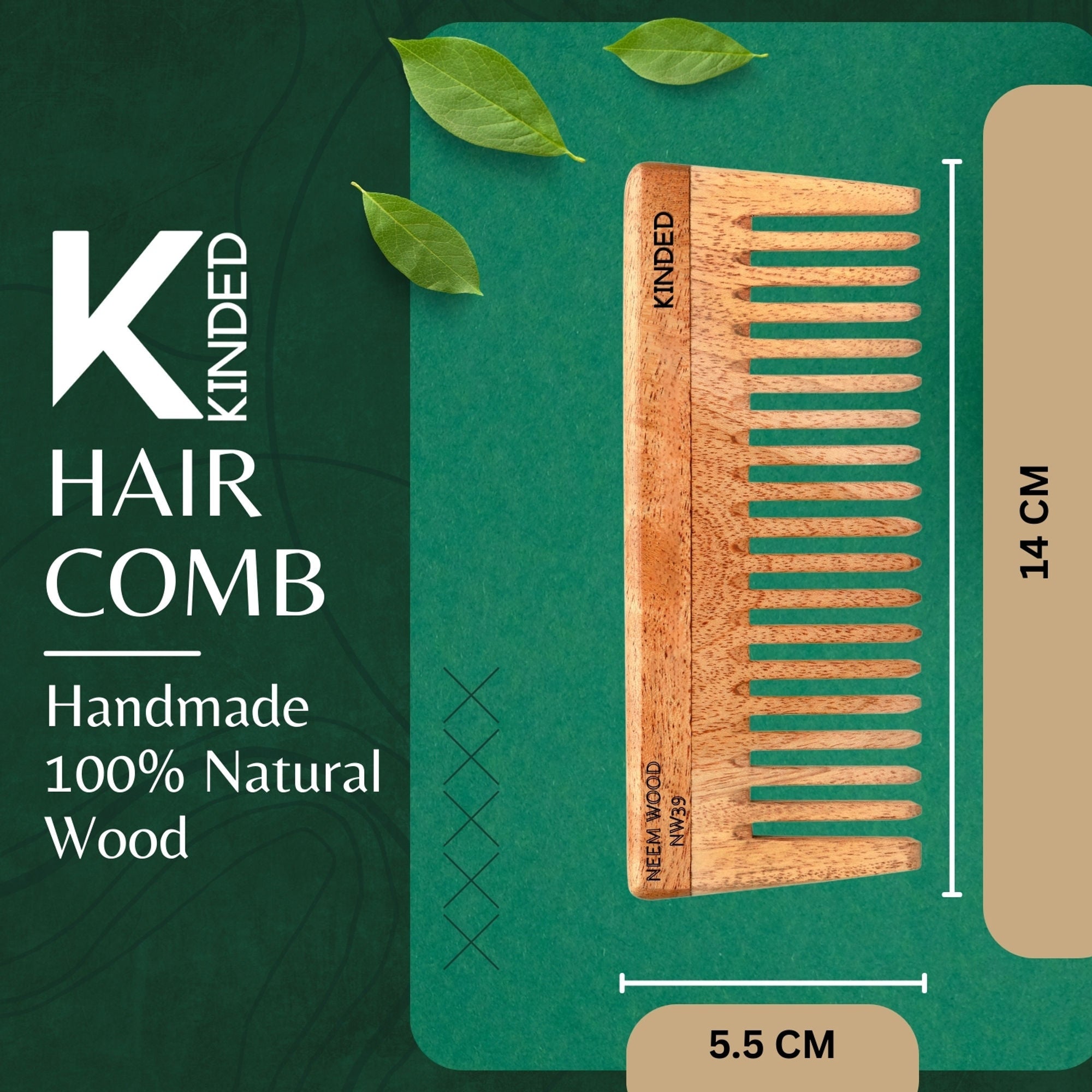 KINDED Handmade Oil Treated Wooden Hair Comb   Neem Wood NW39, Wide Tooth