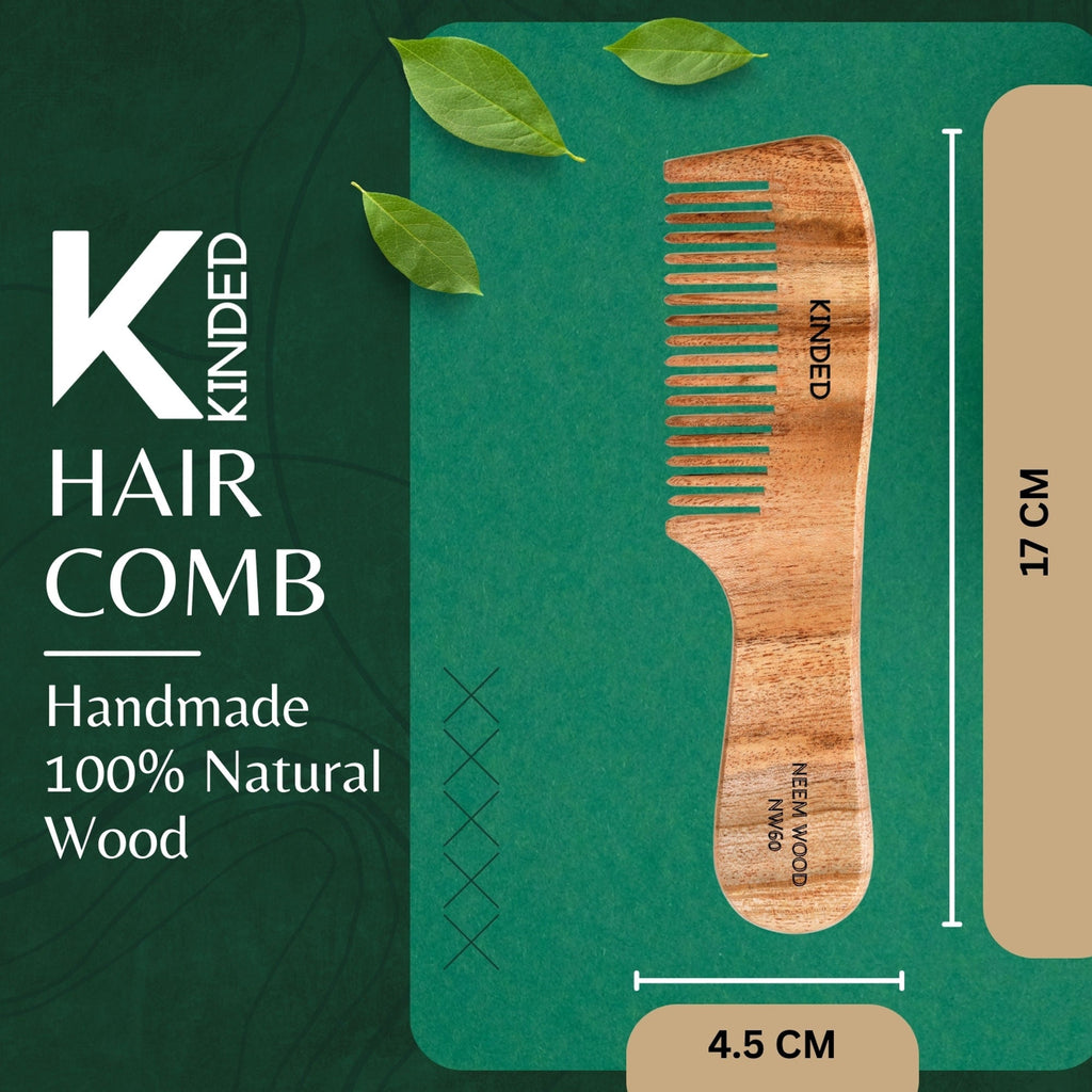 KINDED Handmade Oil Treated Wooden Hair Comb   Neem Wood NW60, Regular Tooth Comb with Handle
