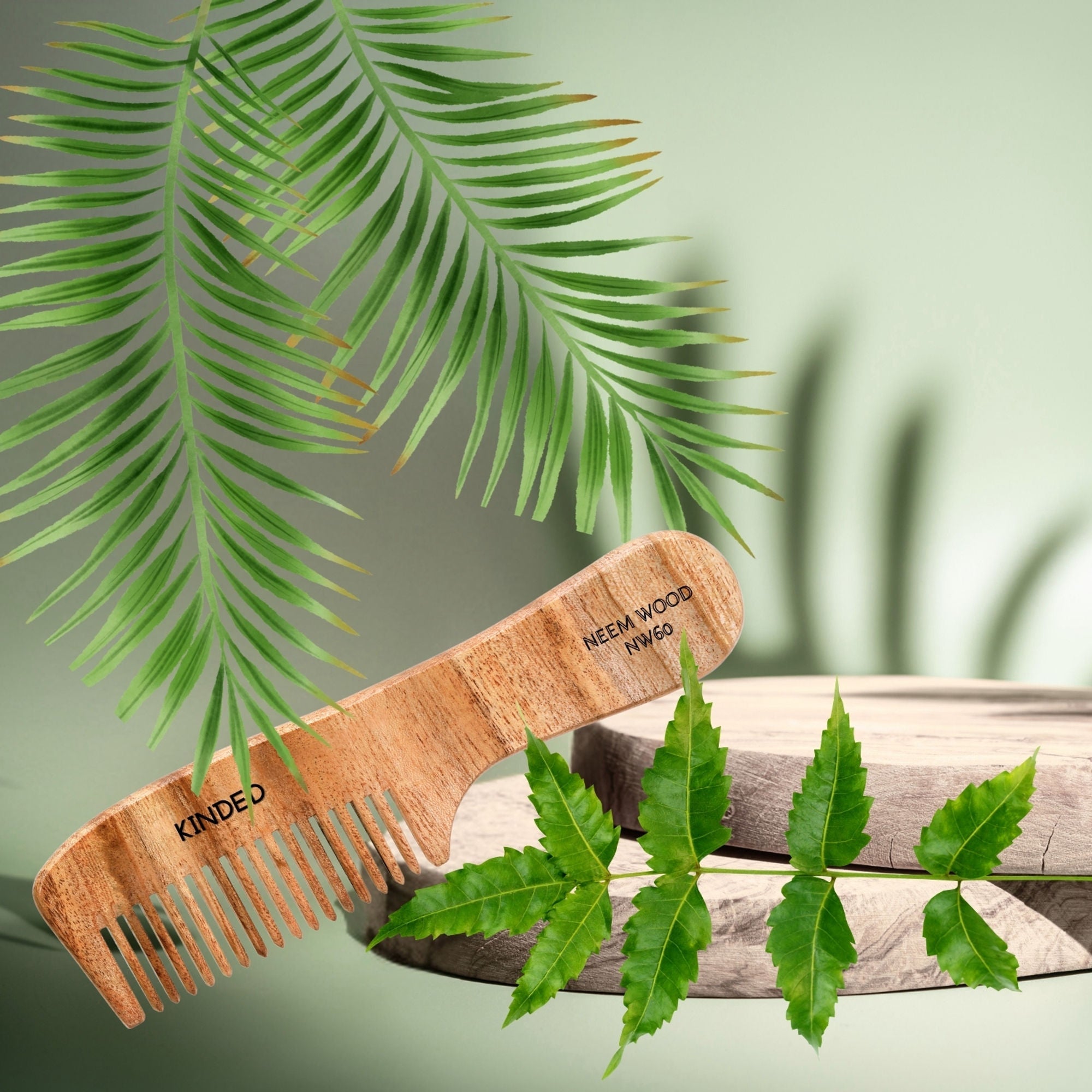 KINDED Handmade Oil Treated Wooden Hair Comb   Neem Wood NW60, Regular Tooth Comb with Handle