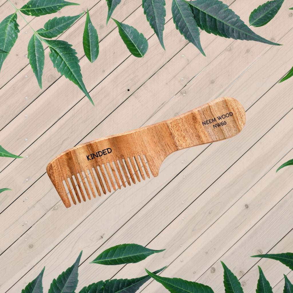 KINDED Handmade Oil Treated Wooden Hair Comb   Neem Wood NW60, Regular Tooth Comb with Handle