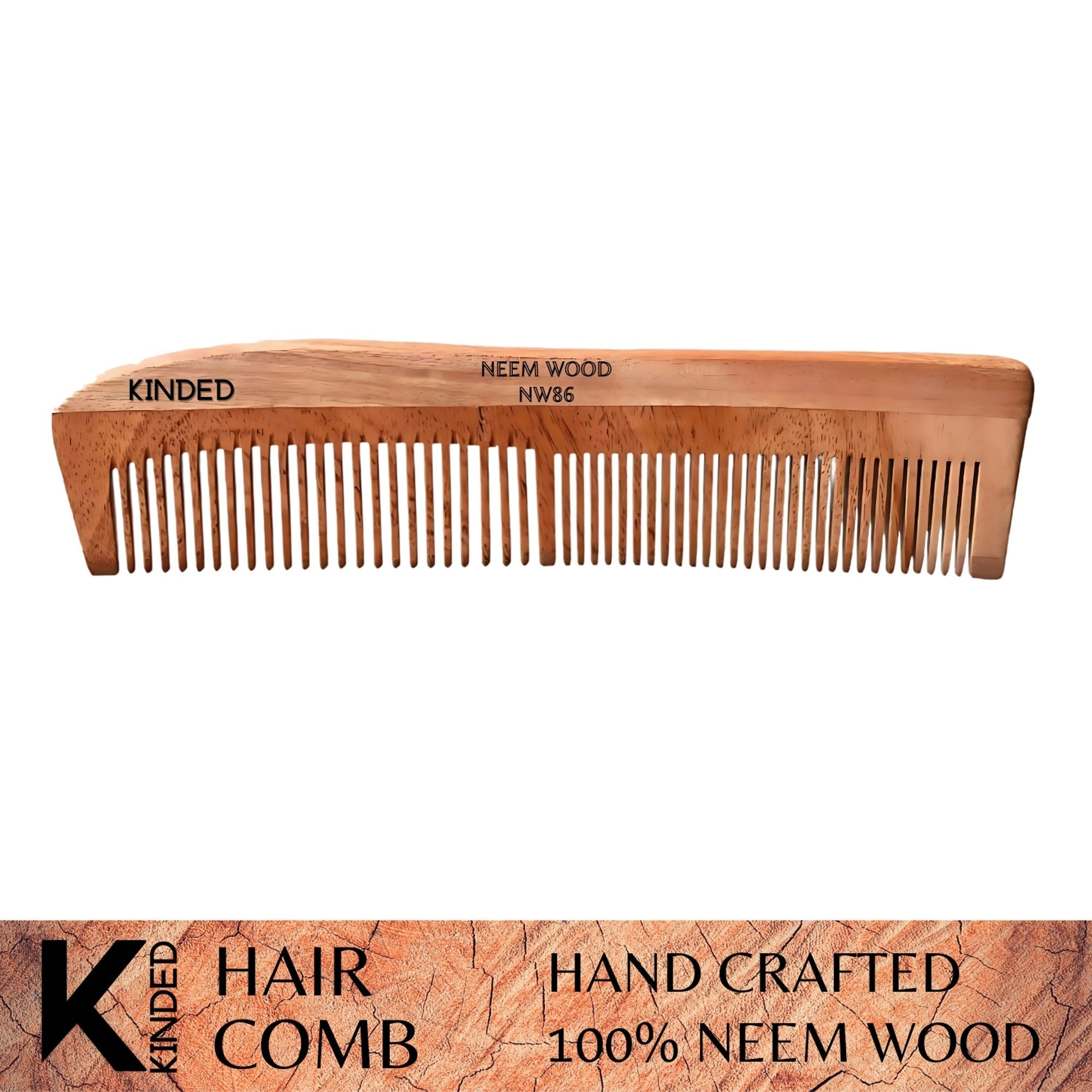 KINDED Handmade Oil Treated Wooden Hair Comb   Neem Wood NW86, Dual Tooth