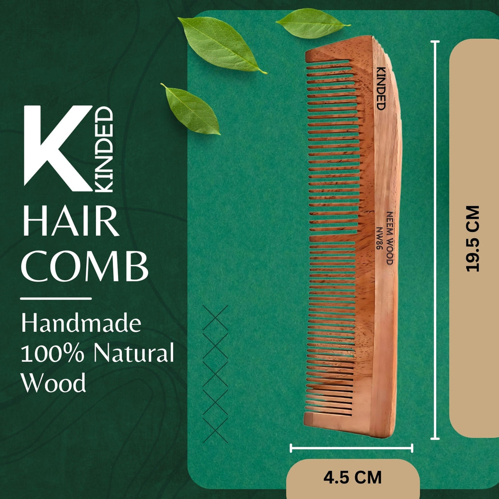 KINDED Handmade Oil Treated Wooden Hair Comb   Neem Wood NW86, Dual Tooth