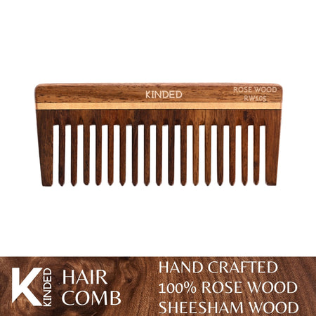 KINDED Handmade Oil Treated Wooden Hair Comb - Sheesham Rose Wood RW105, Wide Tooth