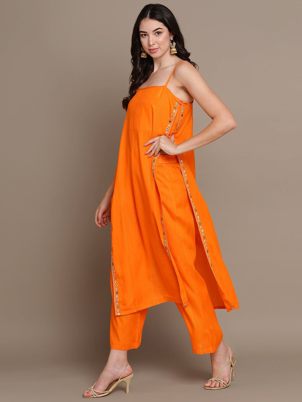 HERE&NOW Striped Mirror Work High Slit Kurta with Palazzos