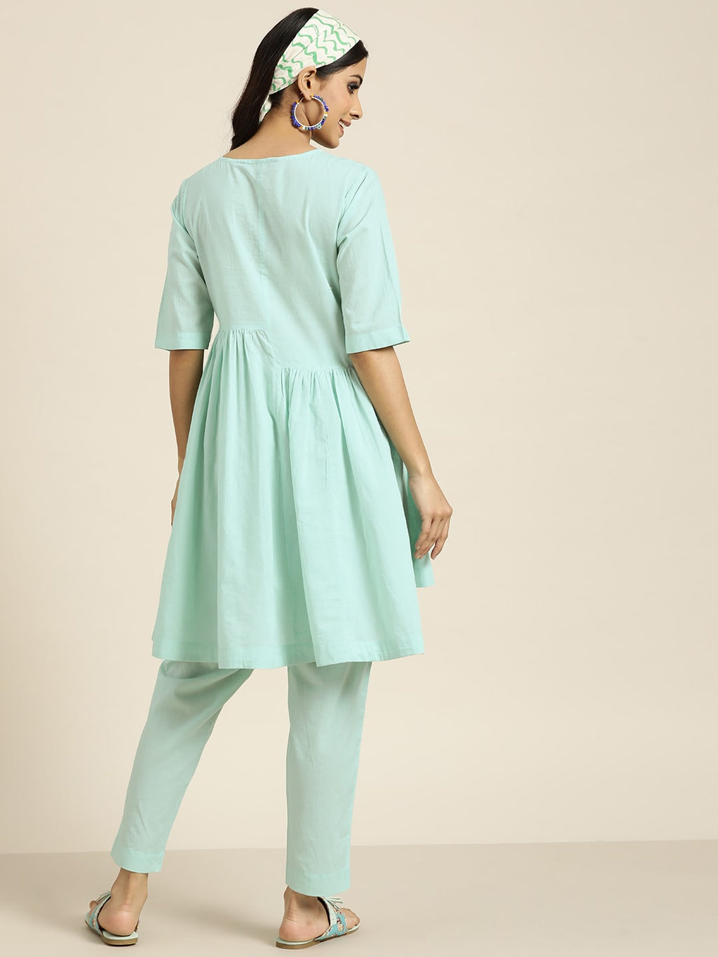 Sangria Women Turquoise Blue Floral Embroidered Kurta with Palazzos