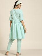 Sangria Women Turquoise Blue Floral Embroidered Kurta with Palazzos