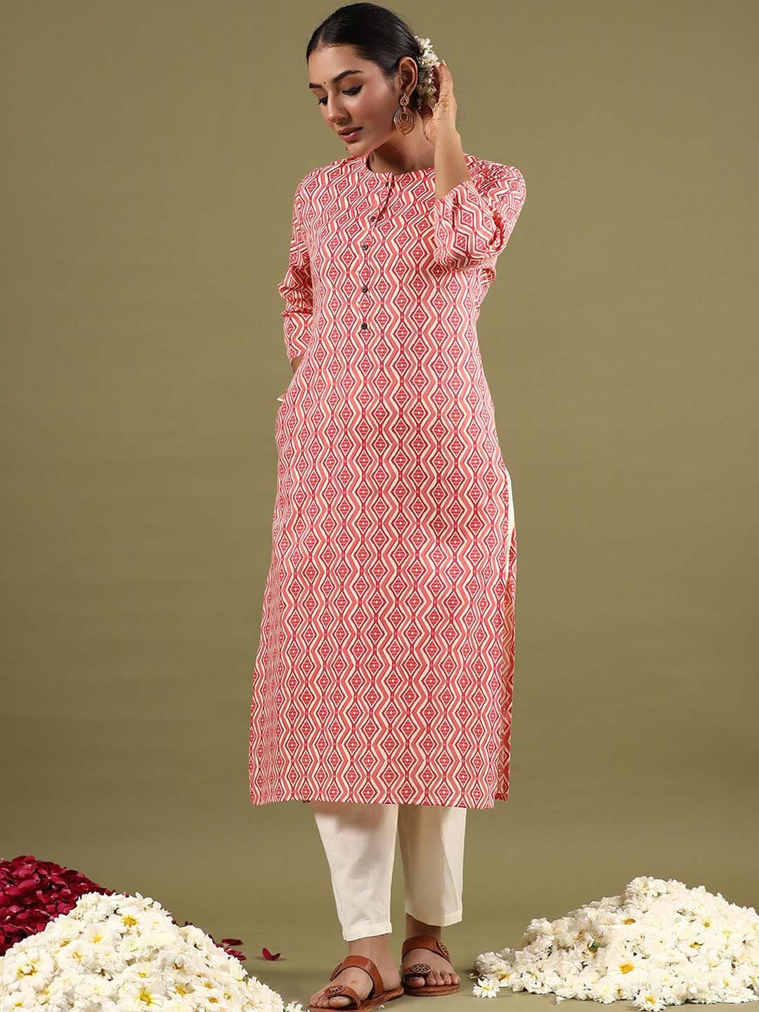Indo Era Geometric Printed Mirror Work Straight Kurta - Distacart