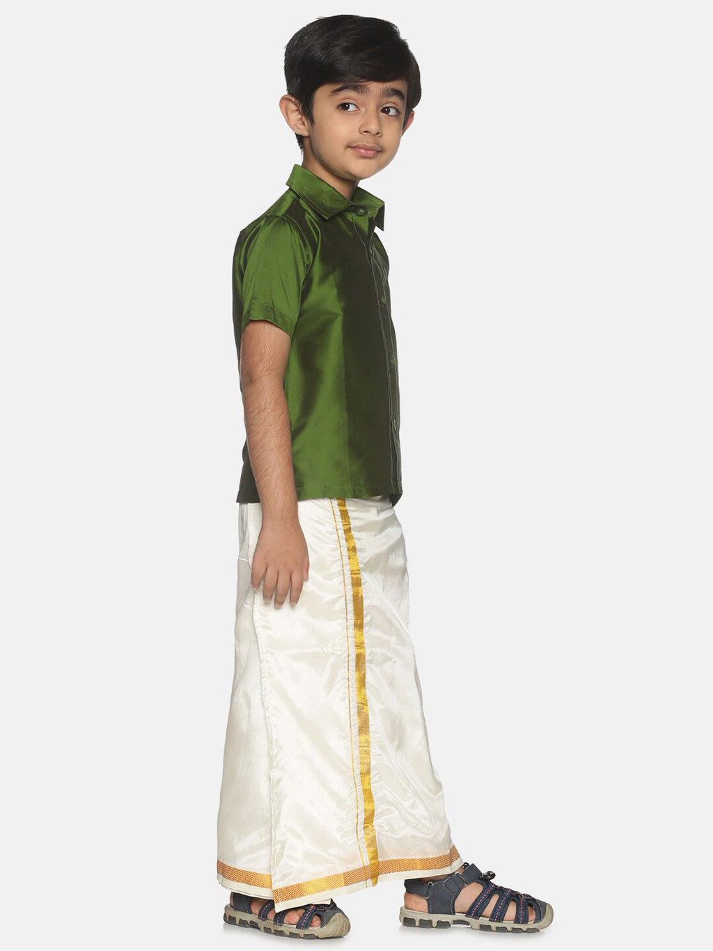 Sethukrishna Boys Green Shirt & Cream-Coloured & Zari Border Veshti Set
