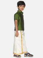 Sethukrishna Boys Green Shirt & Cream-Coloured & Zari Border Veshti Set