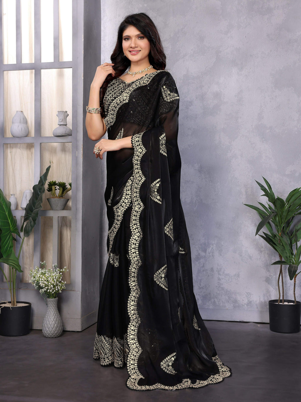 Vastranavya Black Embroidery Work Shimmer Chiffon Saree with Unstitched Blouse - Distacart