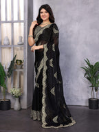Vastranavya Black Embroidery Work Shimmer Chiffon Saree with Unstitched Blouse - Distacart