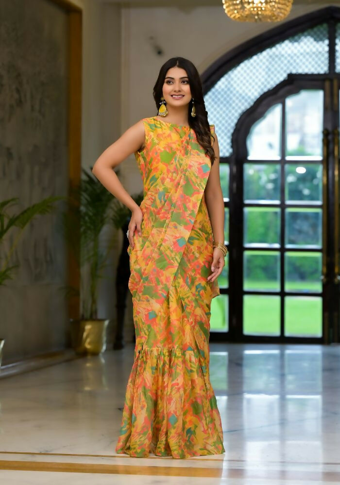 Partywear Designer Yellow Slime Georgette Fancy Saree - Anbazaar