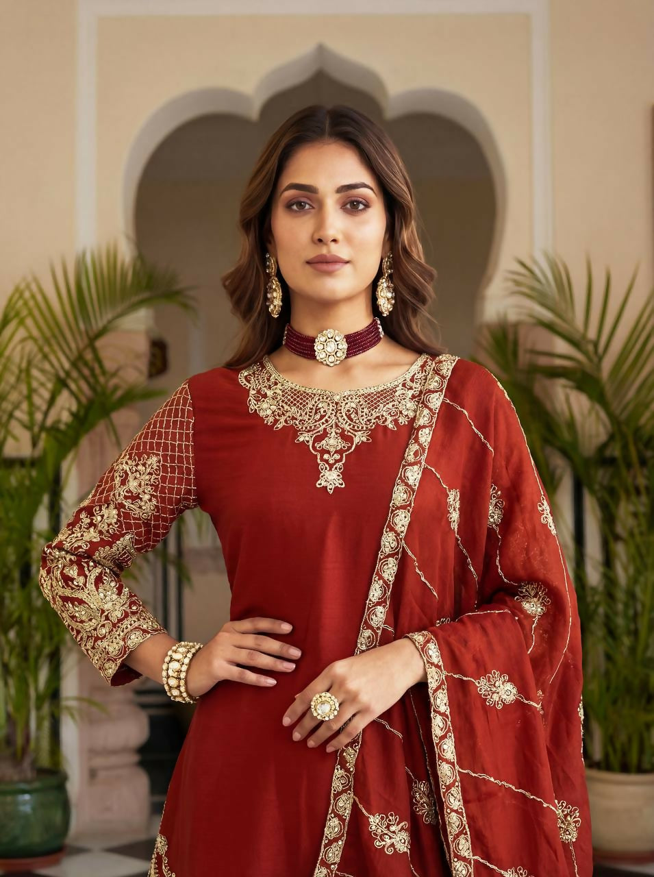 Teeya Creation Red Chinon Silk Designer Wedding Wear Embroidery Work Palazzo - Distacart