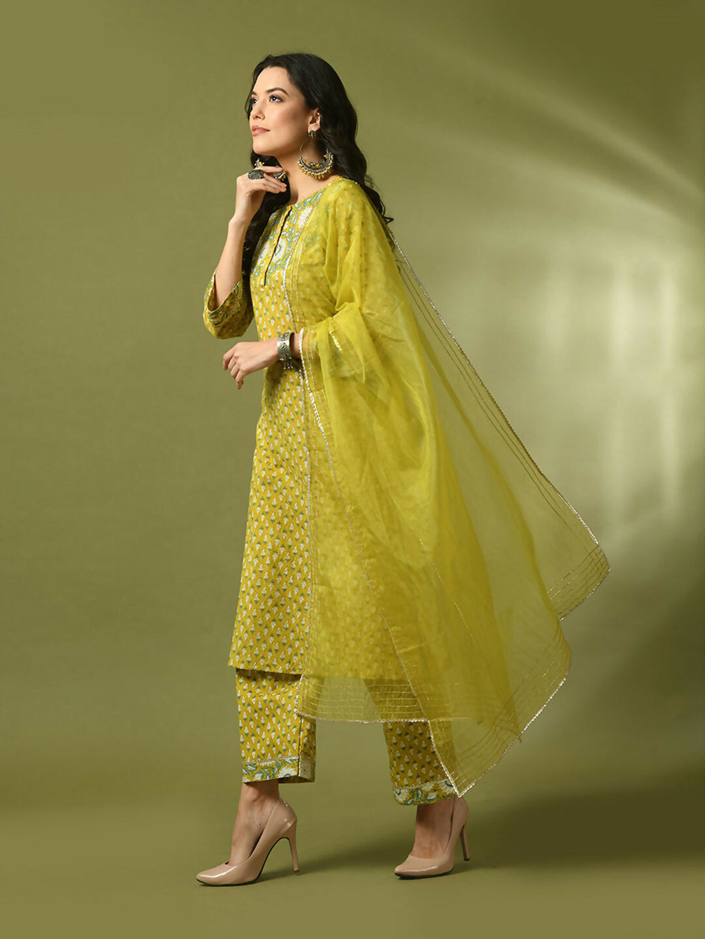 Myshka Women's Yellow Printed Cotton Straight Party Kurta Set With Dupatta