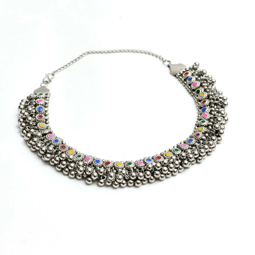 Mominos Fashion Johar Kamal Oxidised Silver-Plated Meena Work Choker Set - Distacart