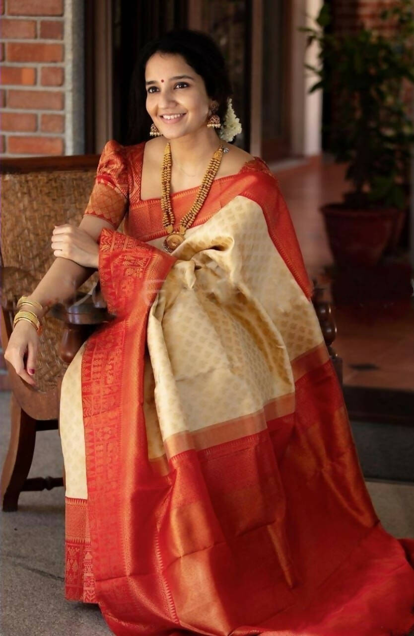 DEIANA'S Beautiful Designer Golden zari Soft Lichi Silk Saree - White