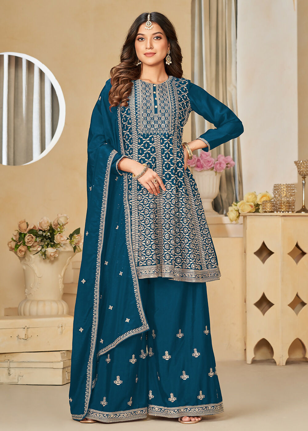 Chinnon Peacock Blue Embroidered Palazzo Salwar Suit - Emponline