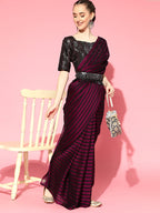 Saree Mall Burgundy Striped Poly Georgette Party Wear Saree with Matching Blouse - Distacart