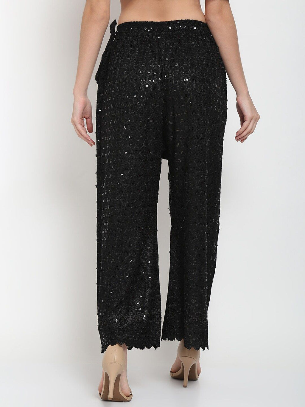 TAG 7 Women Black Ethnic Motifs Embroidered Sequin Flared Ethnic Palazzos