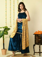 Myshka Women's Teal Velvet Kurti & Sharara With Dupatta Party Sets