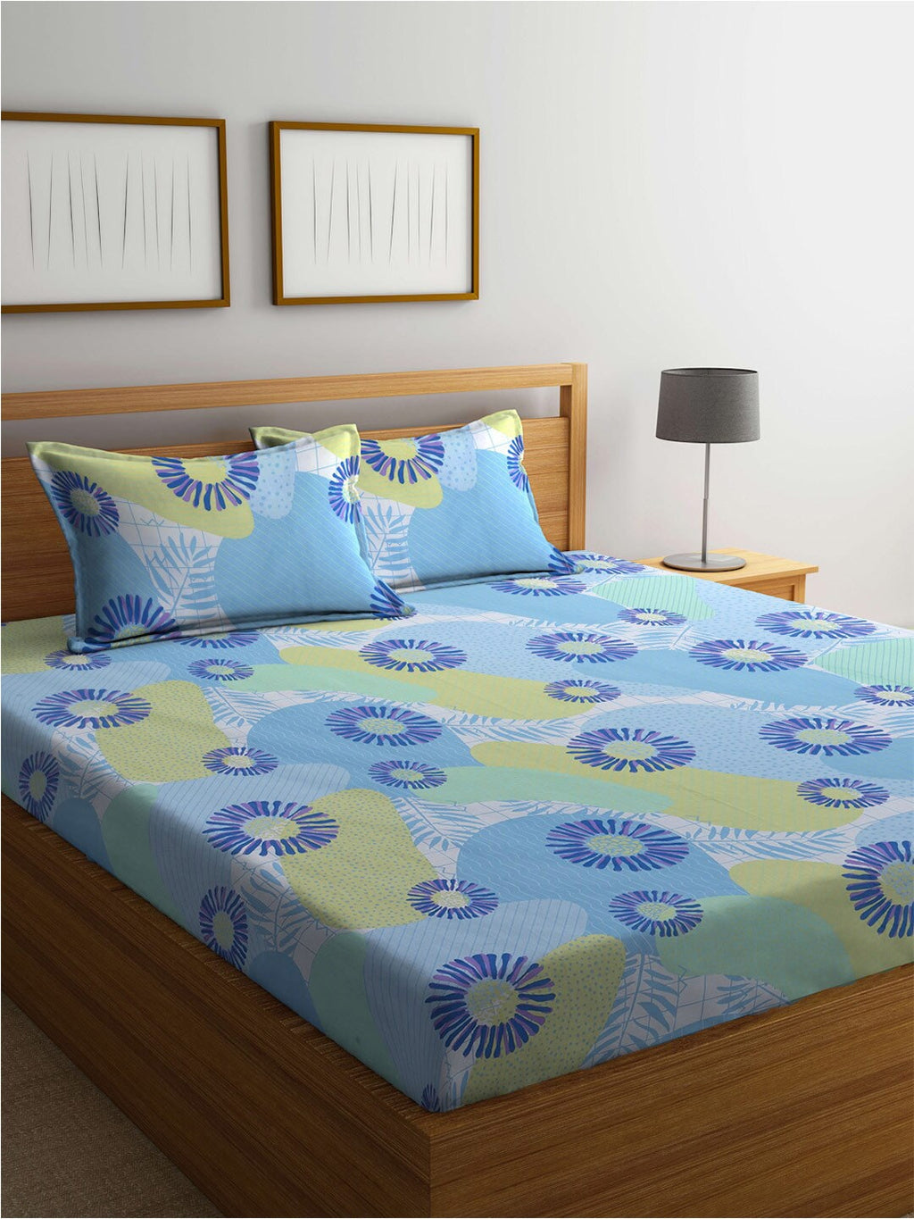 BOMBAY DYEING Serenita Blue Printed Cotton 144 TC King Bedsheet with 2 Pillow Covers
