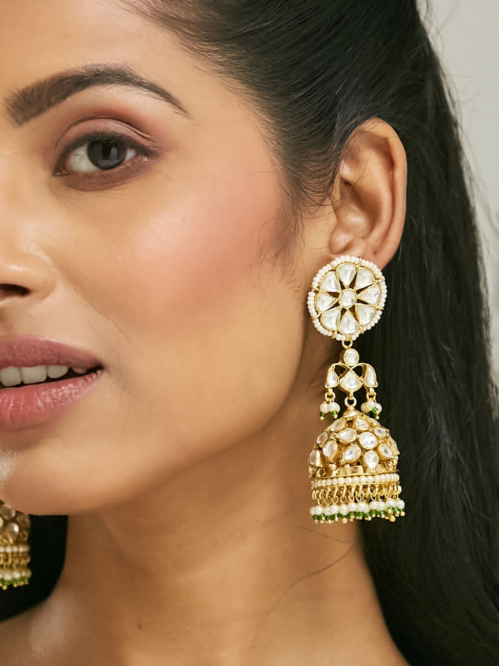 Nuyug 22K Gold-Plated Kundan Stone Studded & Pearl Beaded Dome Shaped Jhumkas - Distacart
